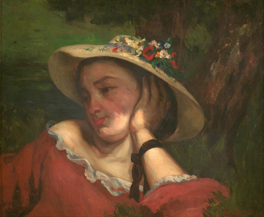 Unge damer ved bredden av Seinen – fragment av et maleri (Kvinne med blomster på hatten) - Gustave Courbet