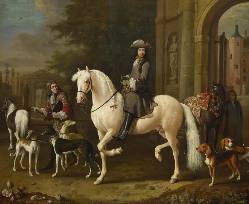 Johan Ortt (1642-1701) til hest krysser porten til Nijenrode-slottet - Melchior de Hondecoeter