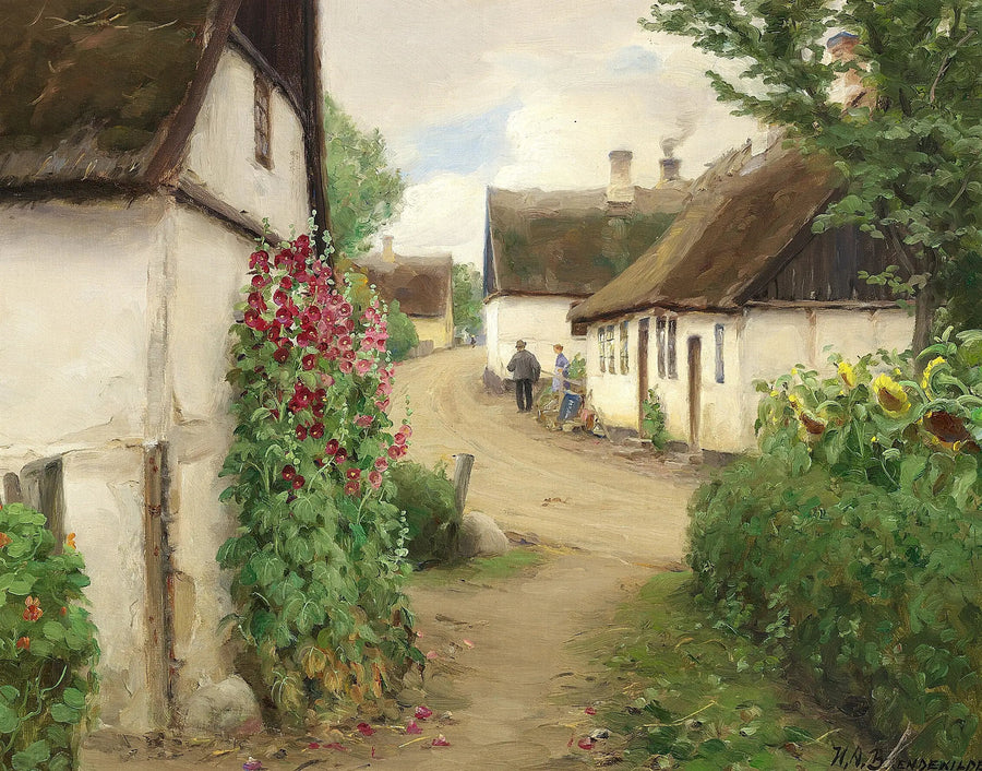 Sommerdag i en landsby med solsikker og røde revebjeller. - H. A. Brendekilde

Source:
Journée d'été dans un village avec des tournesols et des roses trémières rouges. - H. A. Brendekilde