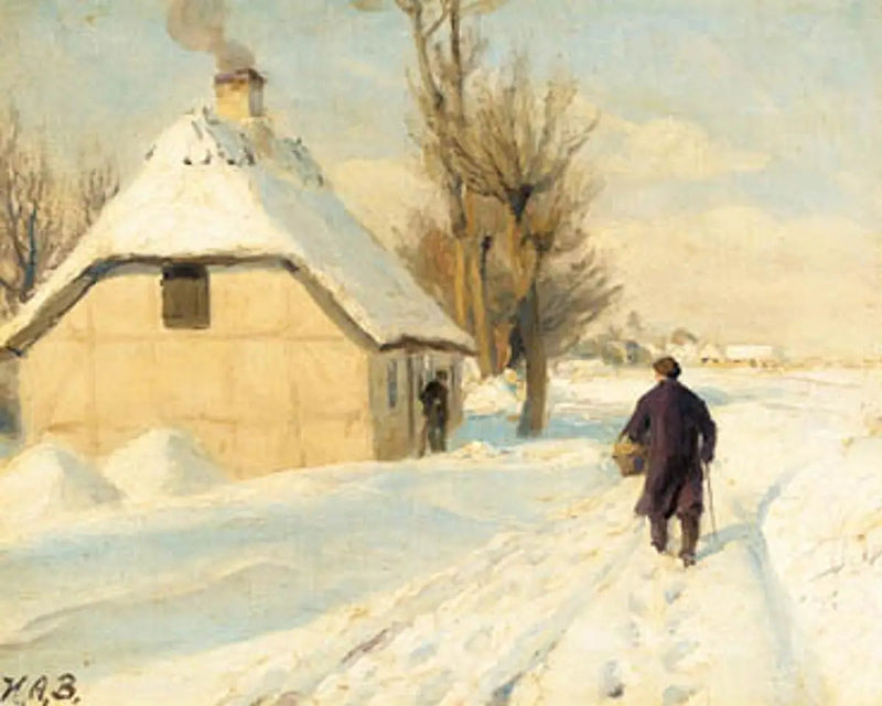 Vinterdag nær et hus med stråtak. En mann går på den snødekte veien. - H. A. Brendekilde

Source:
Journée d'hiver près d'une maison au toit de chaume. Un homme marche sur la route enneigée. - H. A. Brendekilde