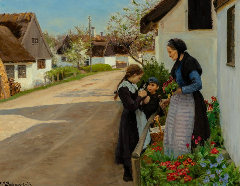Vårdag i landsbyen. Kattungen gis til bestemoren. - H. A. Brendekilde

Source:
Journée de printemps au village. Le chaton est offert à grand-mère. - H. A. Brendekilde