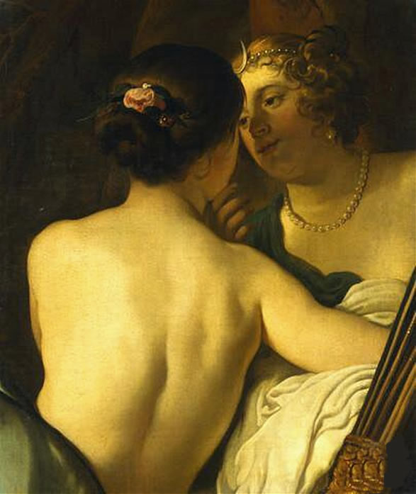 Jupiter, under Diane's skikkelse, forfører Callisto - Gerrit van Honthorst