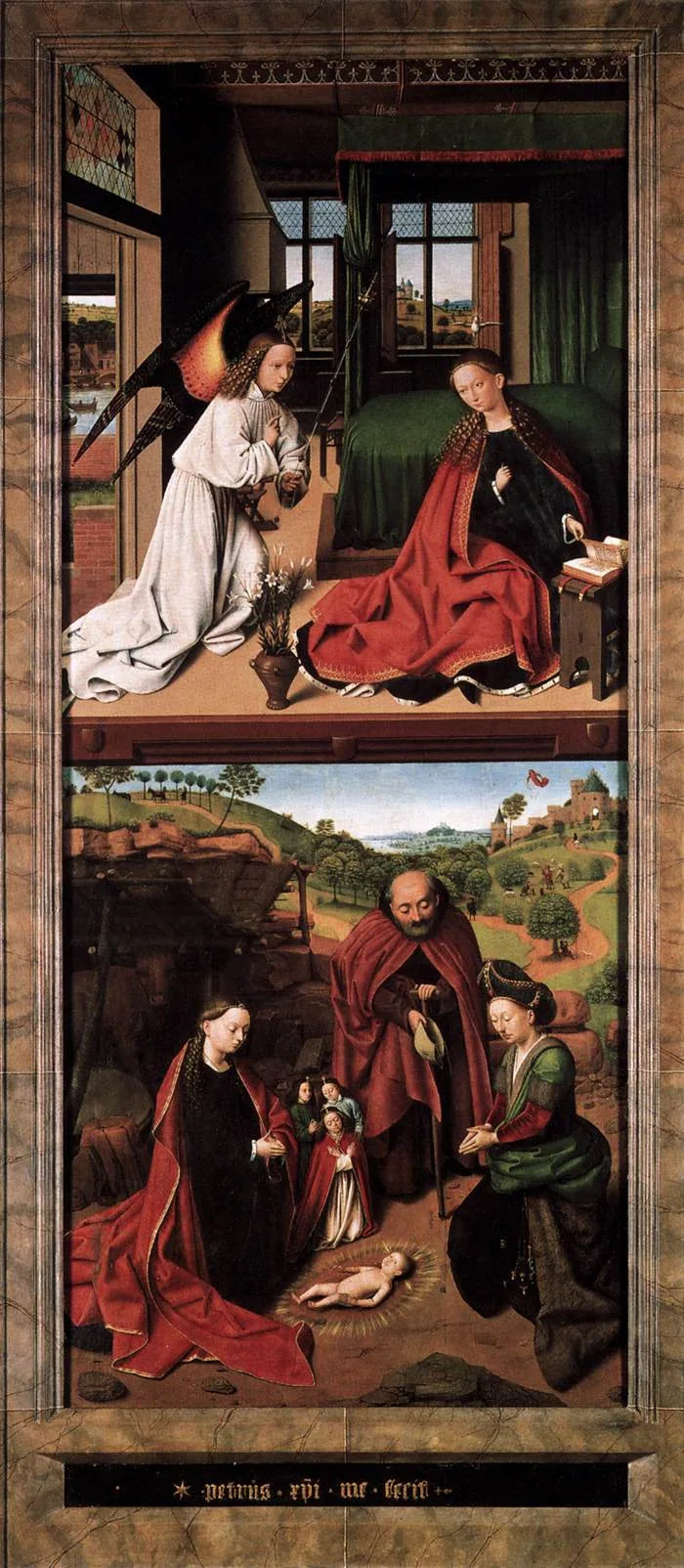 Barnets tilbedelse; i bakgrunnen, Herrens åpenbaring for hyrdene. - Petrus Christus