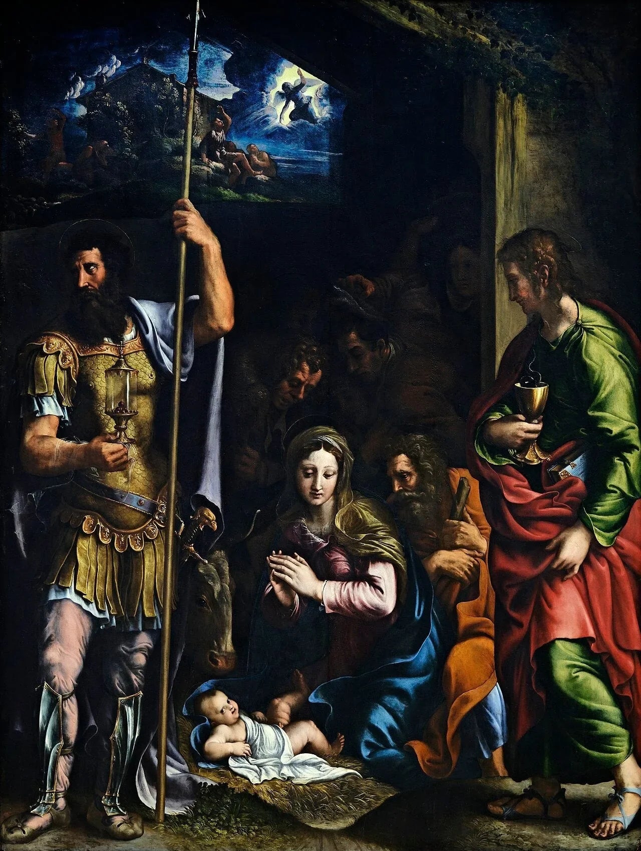 L'Adoration des bergers entre saint Longin et saint Jean l'Évangéliste - Giulio Romano image 1 reproduction de peinture à l’huile