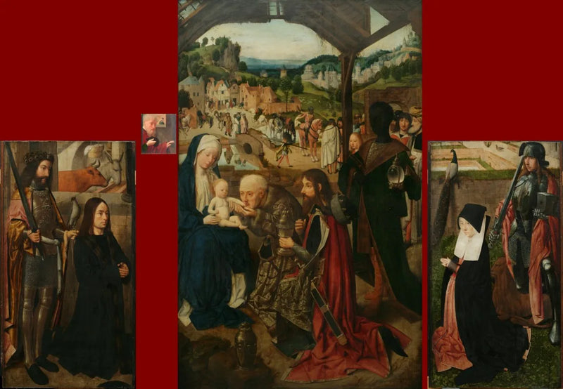 De vise kongers tilbedelse, altertavle med foldbare paneler; venstre panel: donoren med Saint Bavon; høyre panel: donorenes kone med Saint Adrian - Geertgen tot Sint Jans