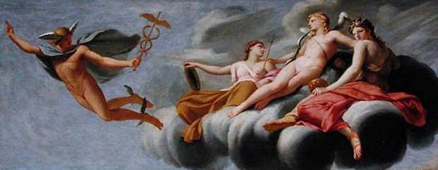 Kjærligheten, omgitt av Ungdom og Skjønnhet, befaler Merkur å kunngjøre sin makt for universet - Eustache Le Sueur