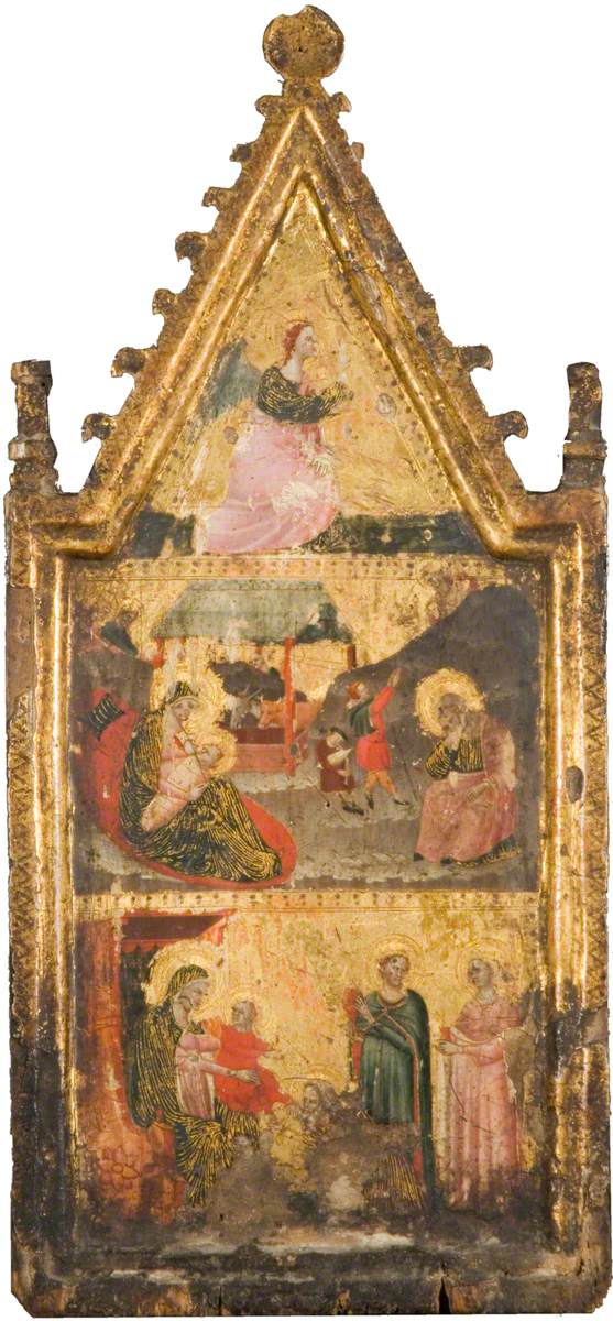 Jomfru Marias bebudelse (øverst), fødselen og budskapet til hyrdene (i midten), visningen av de vise menn (nederst) - Giovanni Baronzio