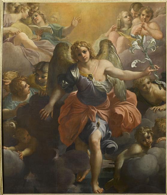 Engelen Gabriel i en herlighet av musiserende engler og keruber - Annibale Carracci