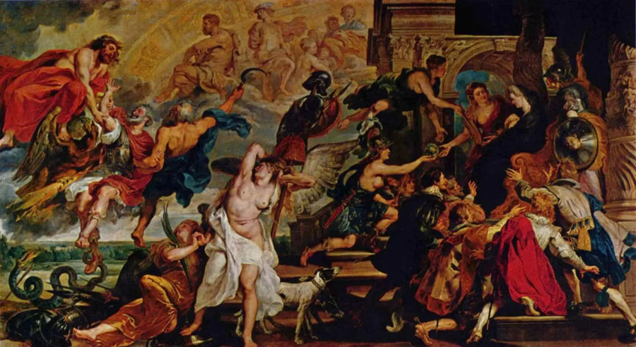 Apoteosen av Henrik IV og kongeliges proklamasjon av regentskapet til dronningen, 14. mai 1610 (Louvre) - Peter Paul Rubens