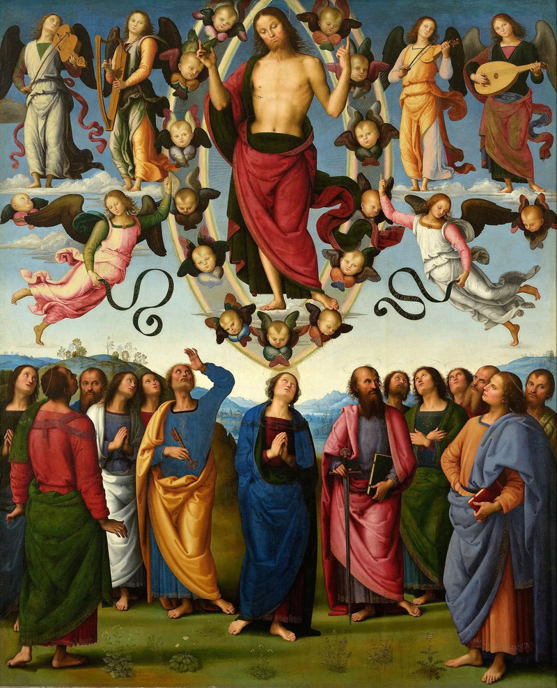 Kristi oppstigning i nærvær av Jomfruen og apostlene - Pietro Perugino