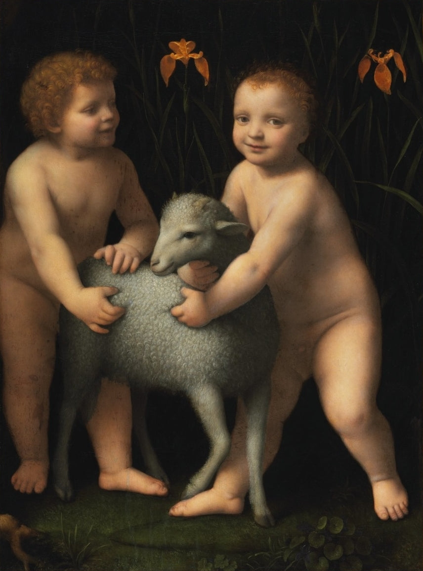 Barnet Jesus og den lille hellige Jean-Baptiste med et lam - Bernardino Luini