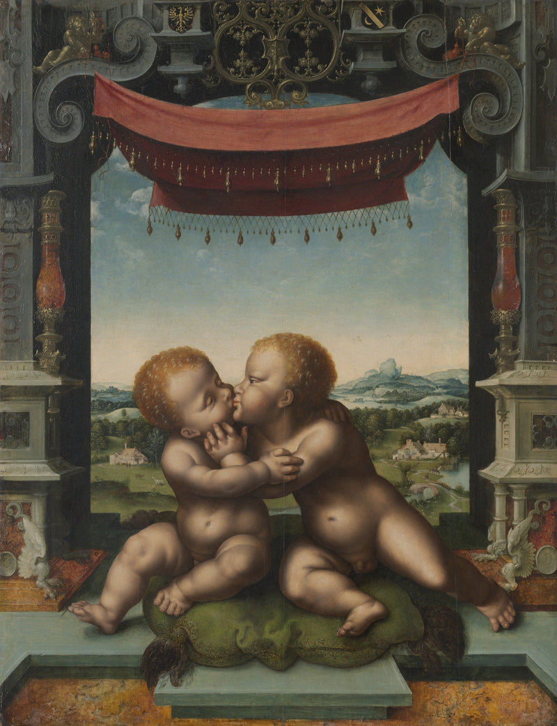 Jesusbarnet og Johannes Døperen som omfavner hverandre - Joos van Cleve