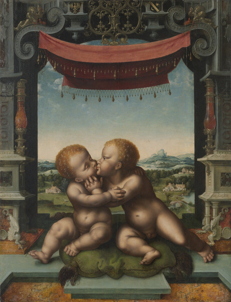 Jesusbarnet og Johannes Døperen som omfavner hverandre - Joos van Cleve