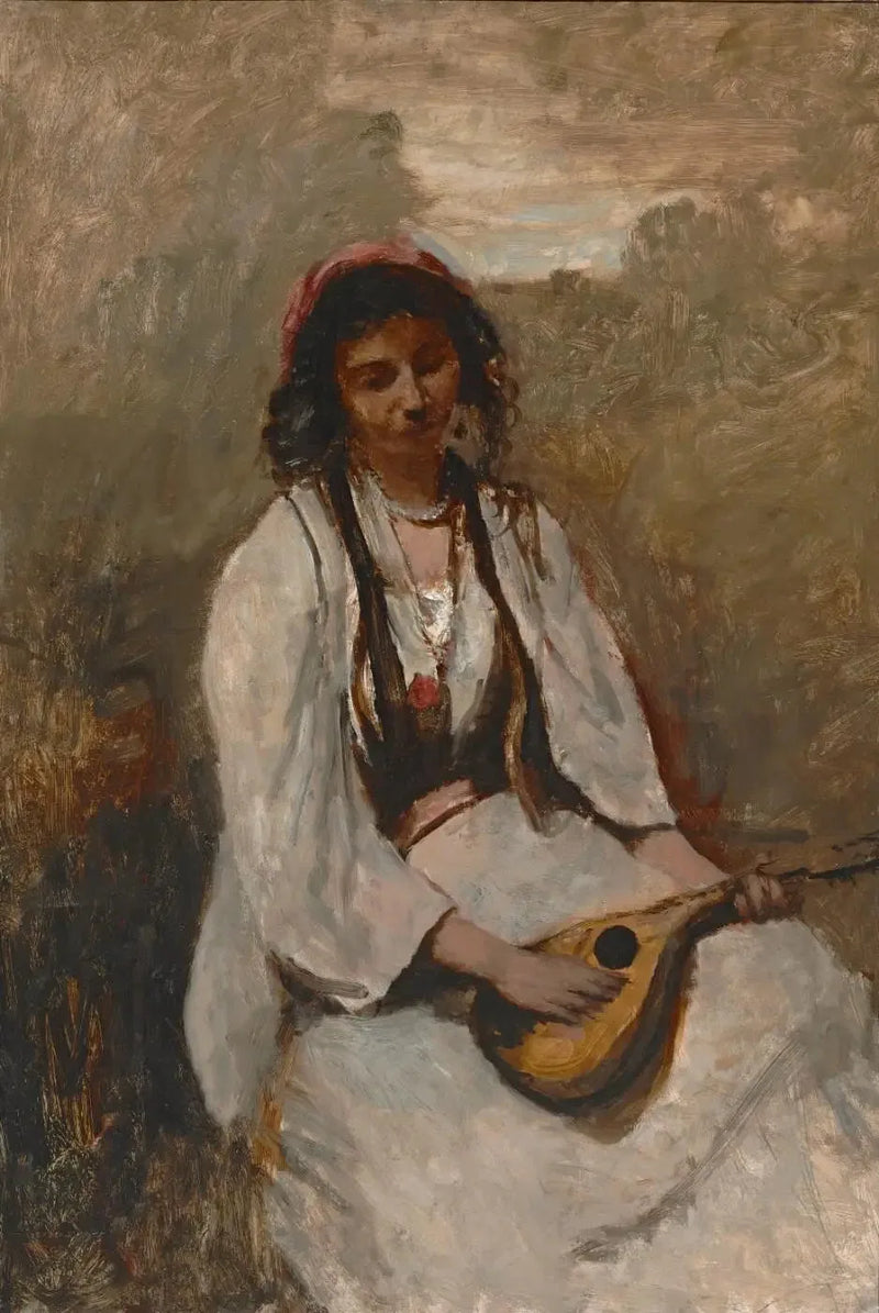 Den bohemiske kvinnen med mandolin sittende - Jean-Baptiste Camille Corot