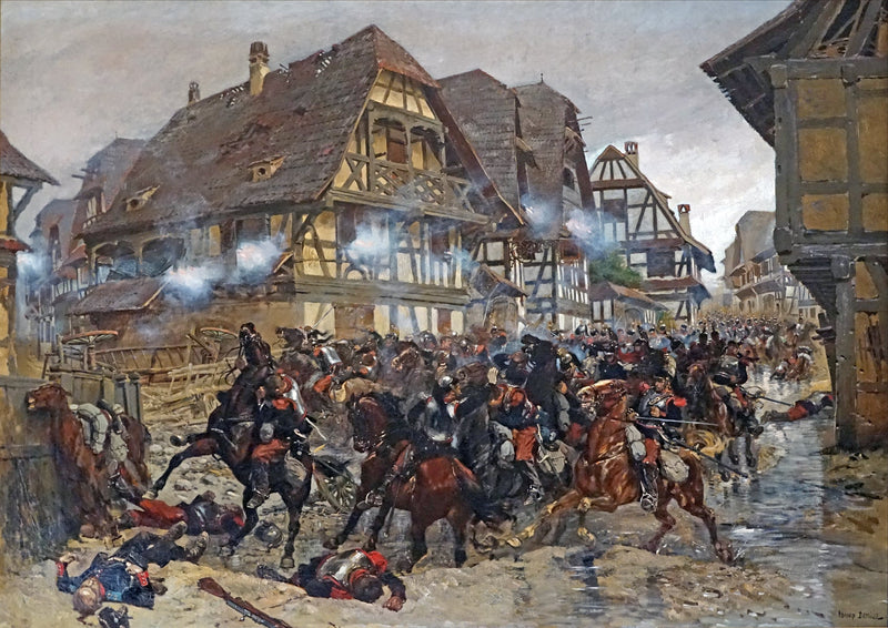 Den niende regiment av cuirassiers lastet i landsbyen Morsbronn - Édouard Detaille