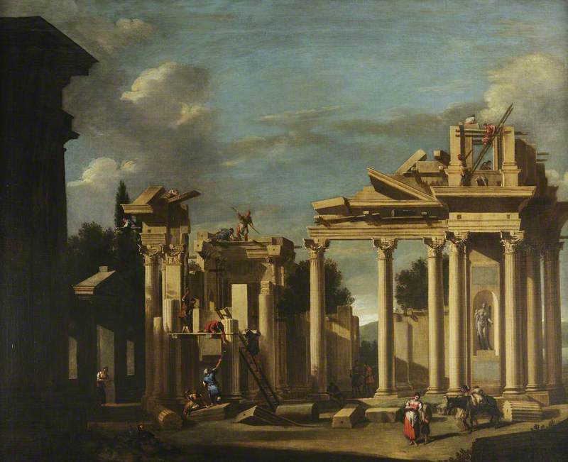 Konstruksjon av et klassisk tempel i et landskap - Sebastiano Ricci