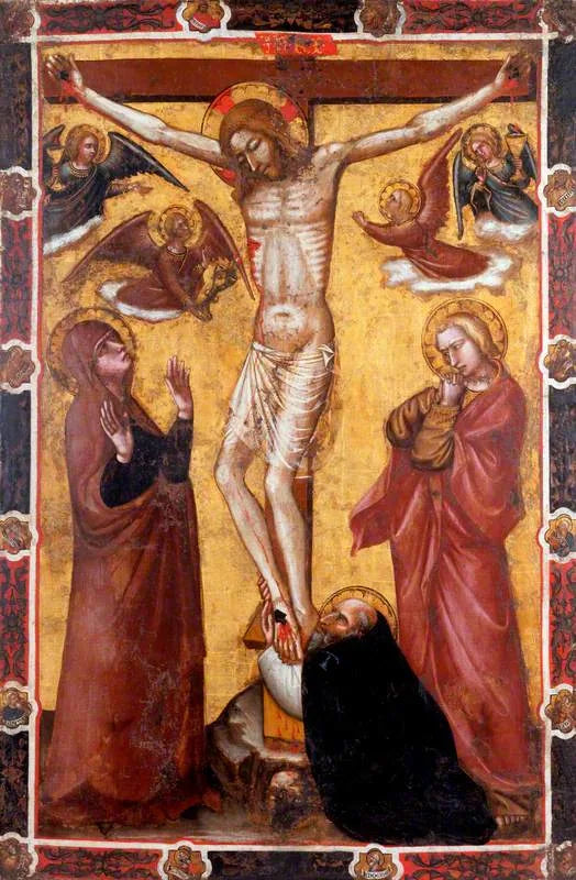 Korsfestelsen med Jomfruen og Johannes; Saint Antonius Abbed ved foten av korset (en side av en prosesjonsbanner) (tidligere tilskrevet Barnaba da Modena) - Spinello Aretino