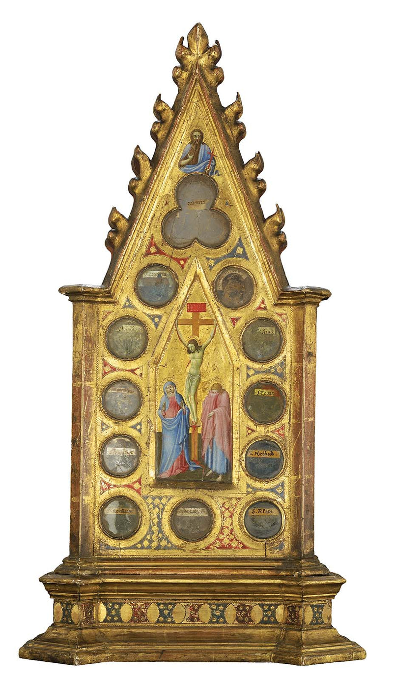 Korsfestelsen med jomfruen og Johannes, med Johannes Døperen (ovenfor); en franciskansk helgen i bønn foran en visjon av Kristus og de hellige, med en helgen (ovenfor) (forside og bakside) - Master of the Osservanza