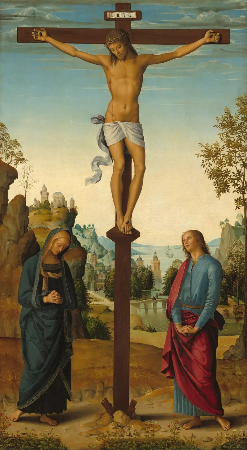 Korsfestelsen med Jomfruen, Johannes, Hieronymus og Maria Magdalena [midtre panel] - Pietro Perugino