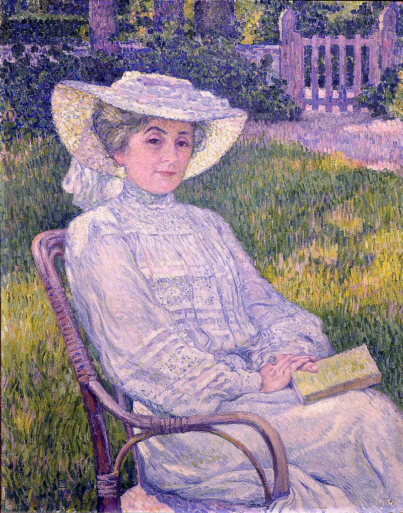 Kvinnen i hvitt som leser i hagen, ved Mortgat - Théodore van Rysselberghe