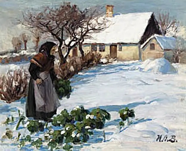 En bondekone som høster kål i hagen om vinteren. - H. A. Brendekilde

Source:
La femme d'un fermier récoltant du chou dans le jardin en hiver. - H. A. Brendekilde