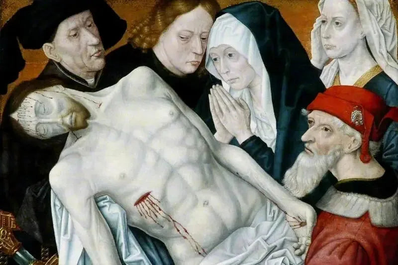 Klagesangen, den døde Kristus støttet av Johannes Døperen, Josef av Arimatea og Nikodemus med Jomfru Maria og Maria Magdalena - Hugo van der Goes