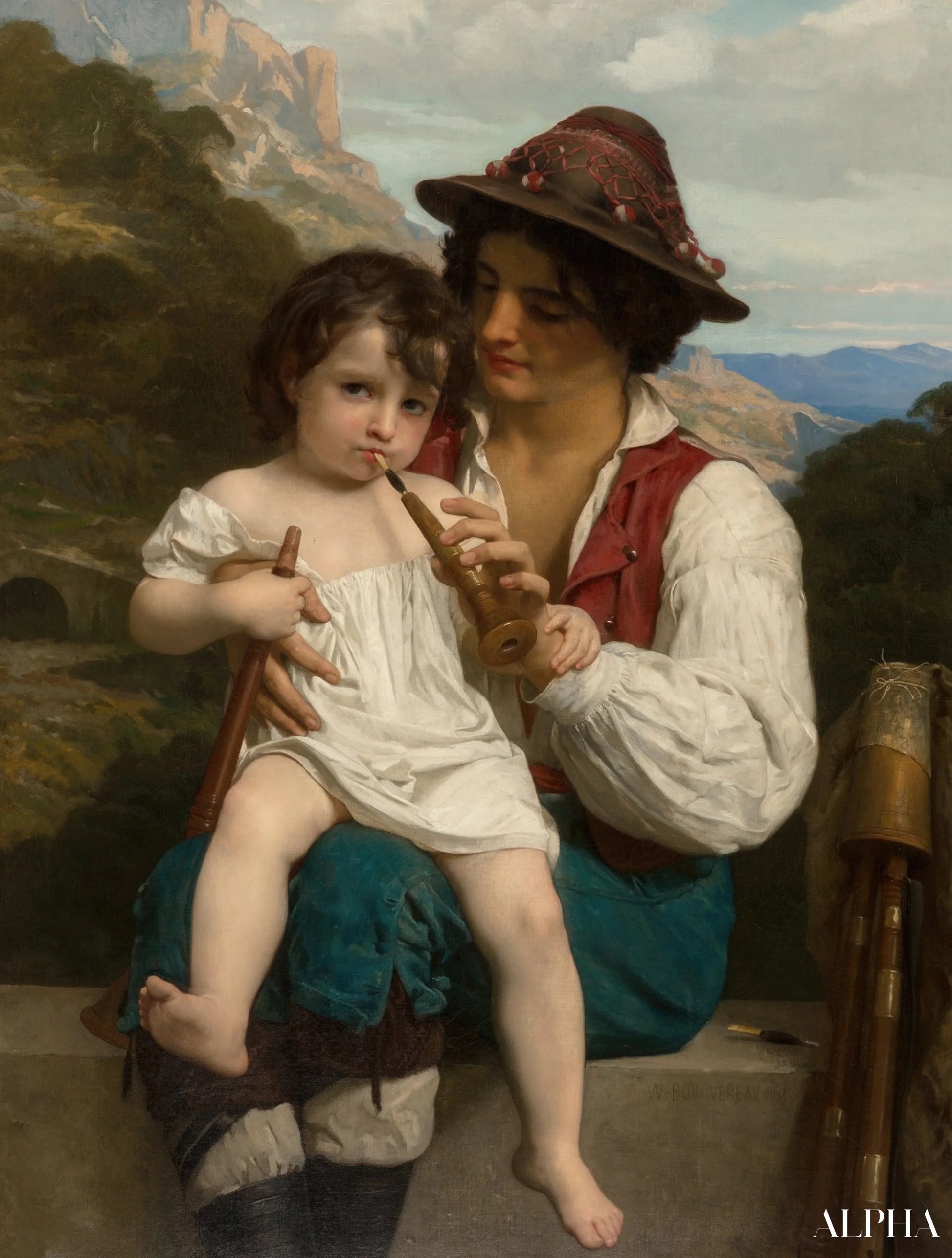 Fløytetimen - William Bouguereau Reproduksjoner av malerier i oljemaling