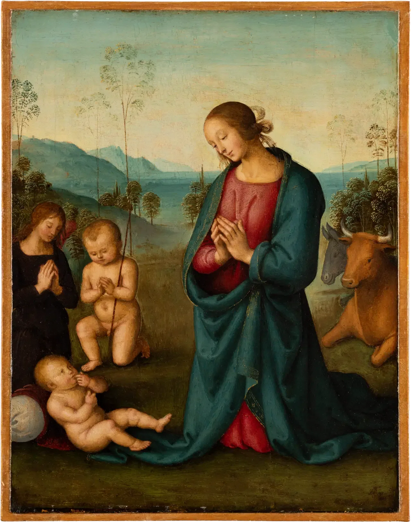 Madonnaen, den hellige Johannesbarnet og en engel som tilber det hellige barn Jesus - Pietro Perugino