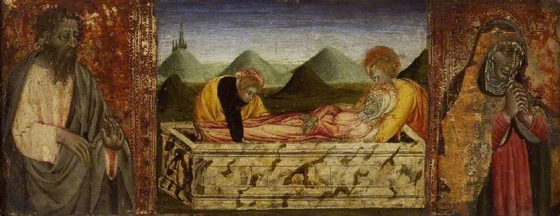 Gravleggingen av jomfruens kropp med hellige Barthélemy (til venstre) og en helgeninne (til høyre) - Giovanni di Paolo