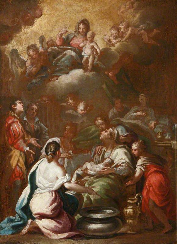 Jomfru Marias fødsel med Jomfru og den herlige Barn - Luca Giordano