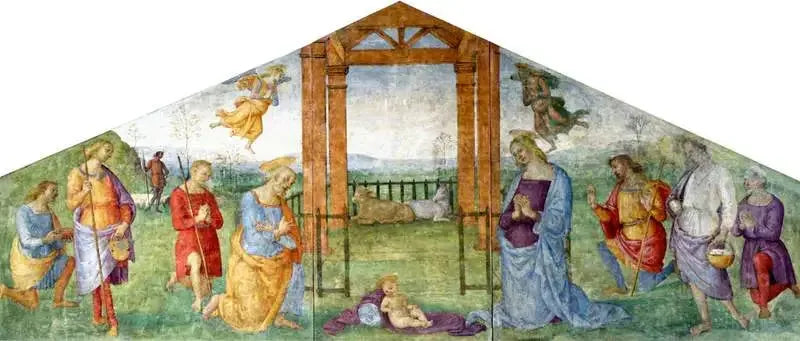 Julefødselsberetningen: Jomfruen, Josef og hyrdene som tilber barnet Jesus - Pietro Perugino