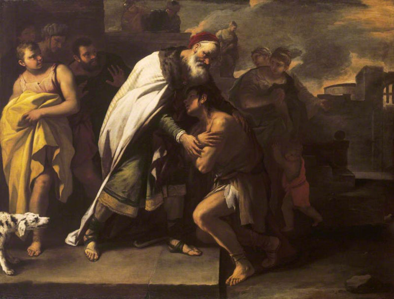 Den bortkomne sønnens lignelse: mottatt hjemme av sin far - Luca Giordano