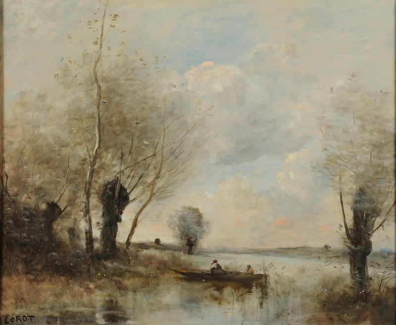 Fiske med båt ved siv - Jean-Baptiste Camille Corot