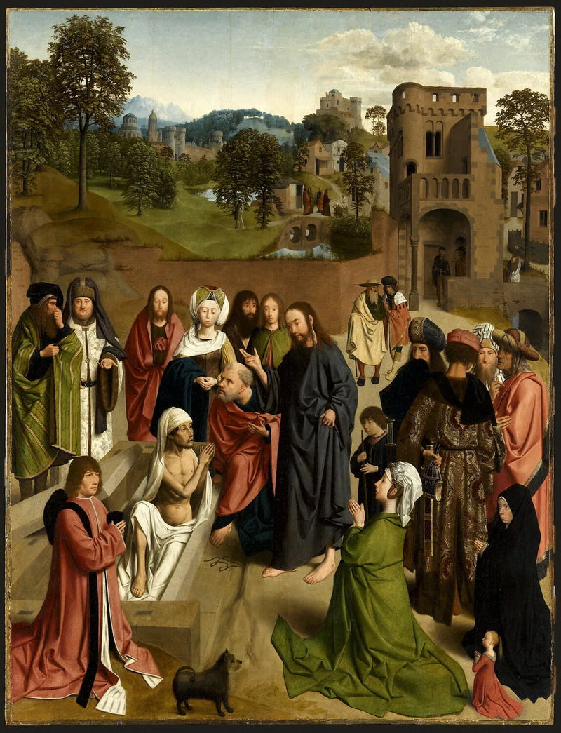Oppstandelsen til Lazare, med et donorpar og deres datter - Geertgen tot Sint Jans