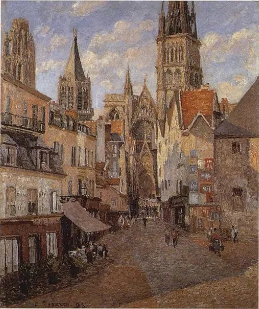 Kjøpmannsgaten i Rouen, sen ettermiddag - Camille Pissarro
