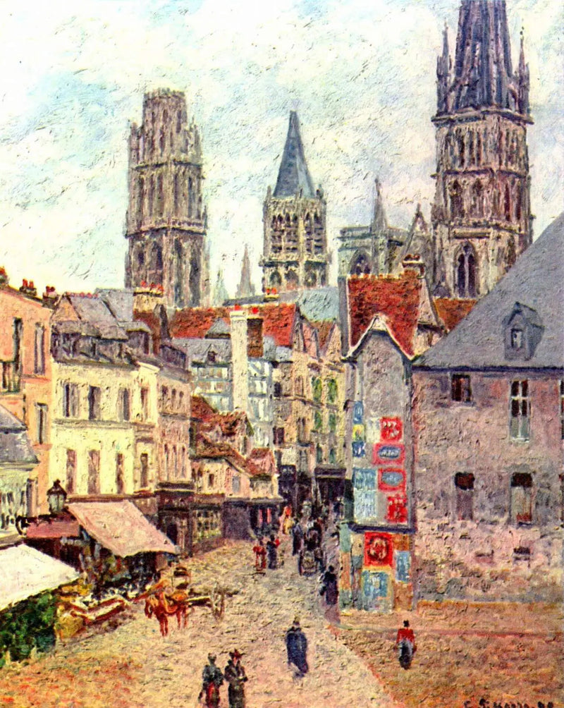 Kjøpmannsgaten i Rouen, morgen, vått vær - Camille Pissarro