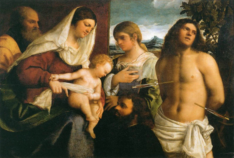 Den hellige familie med den hellige Katarina, den hellige Sebastian og en donator - Sebastiano del Piombo