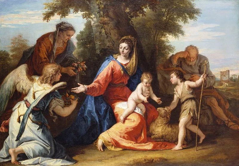 Den hellige familie med den hellige Elisabeth, Johannes Døperen og en engel - Sebastiano Ricci