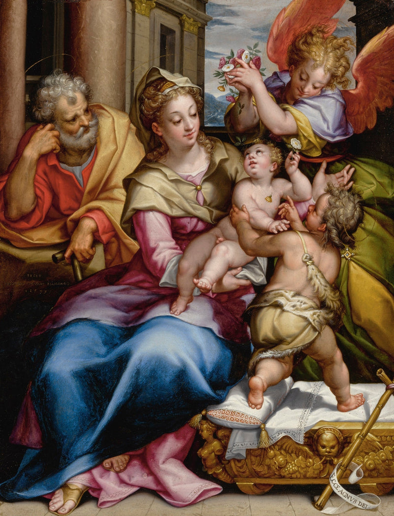Den hellige familie med Saint Johannes Døperen og en engel - Denis Calvaert
