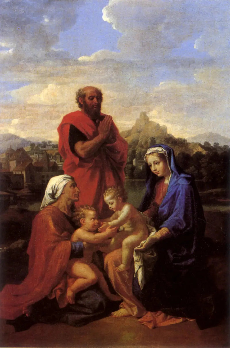 Den hellige familie med hellige Johannes, hellige Elisabeth og hellige Josef som ber - Nicolas Poussin