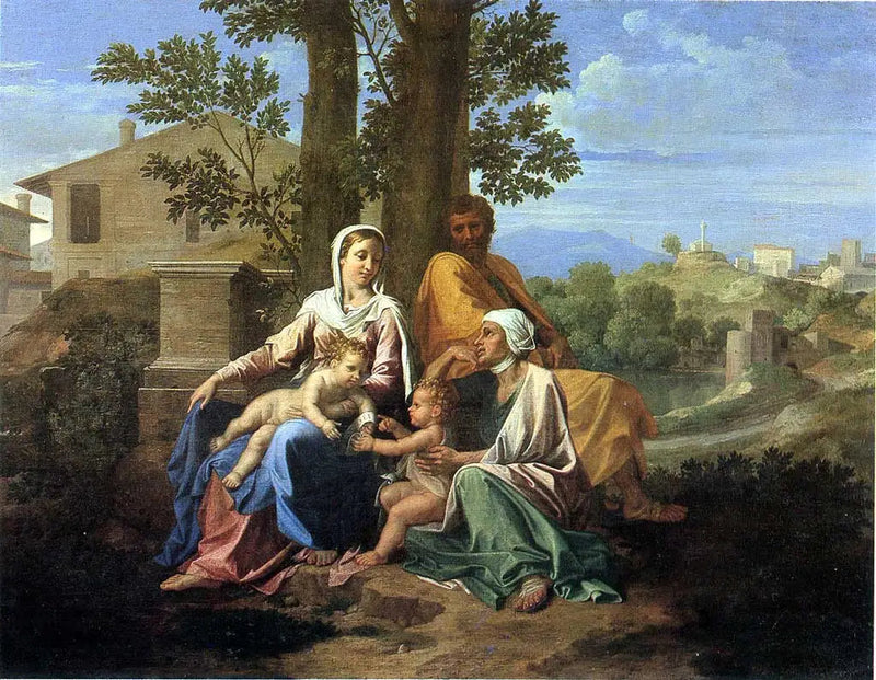 Den hellige familie med hellige Johannes og hellige Elisabeth i et landskap - Nicolas Poussin