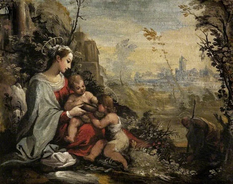 Den hellige familie på flukt møter den unge hellige Johannes - Guercino