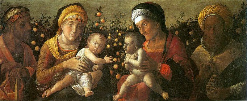 Den hellige familie og familien til Saint Johannes Døperen - Andrea Mantegna