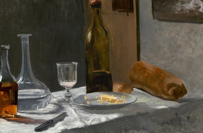 Død natur med flaske, karaffel, brød og vin - Claude Monet