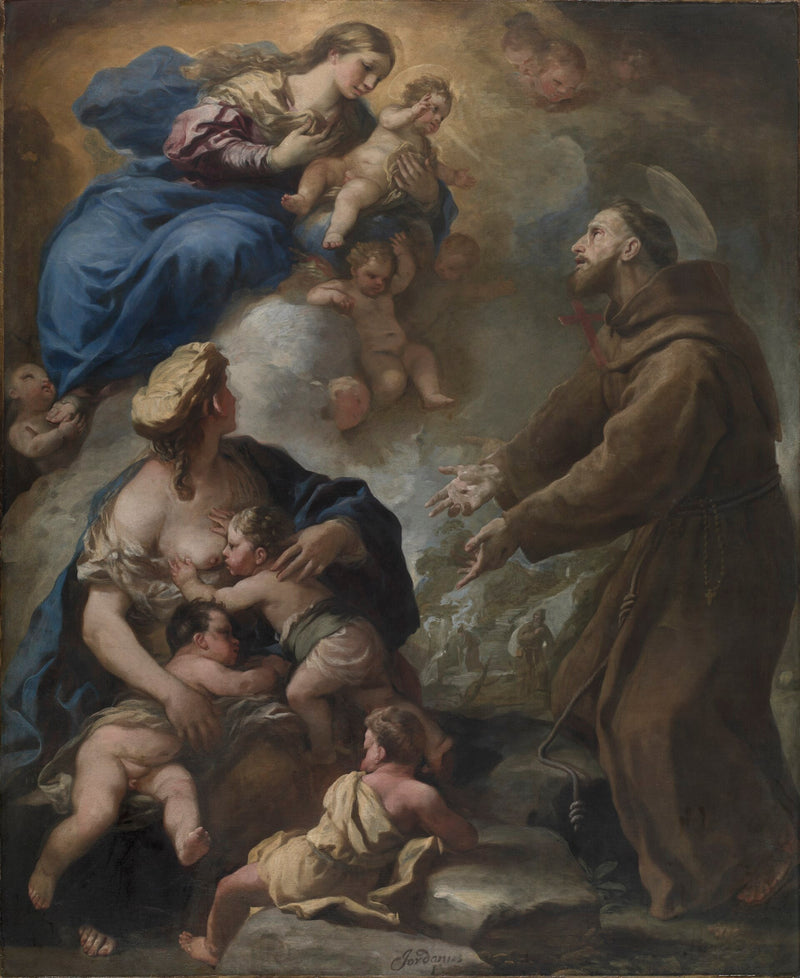 Jomfruen med barnet som åpenbarer seg for St. Frans av Assisi - Luca Giordano