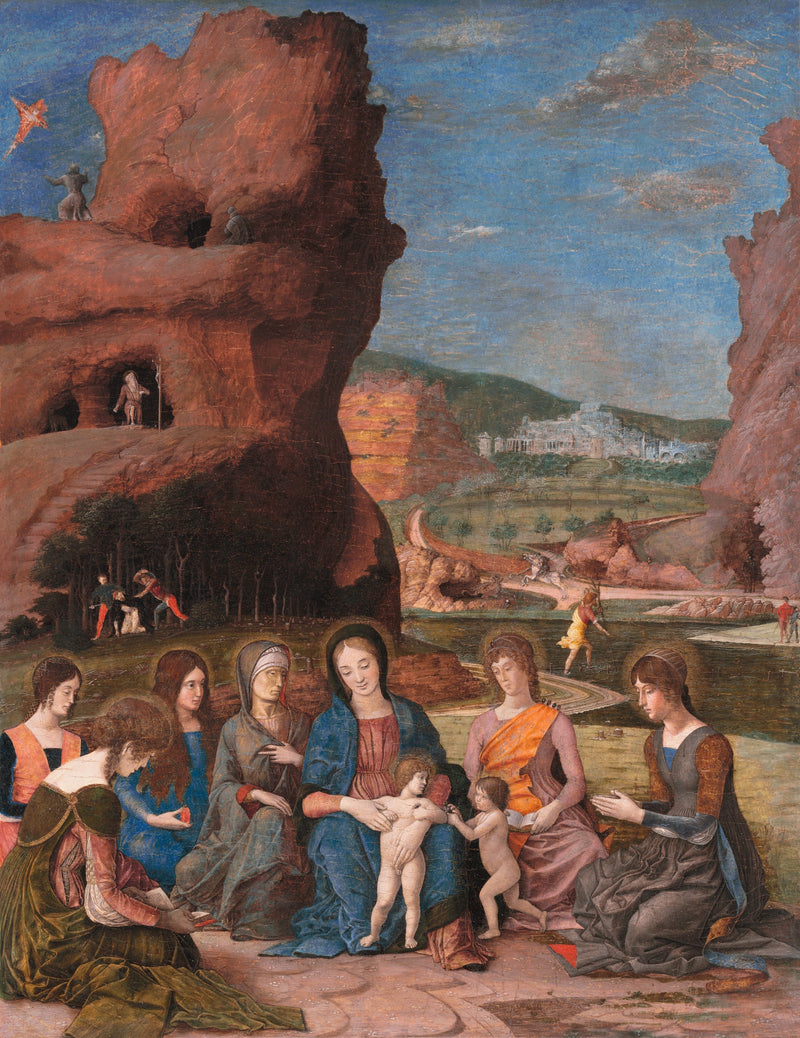 Jomfruen med barnet med den lille hellige Johannes Døperen og seks hellige - Andrea Mantegna