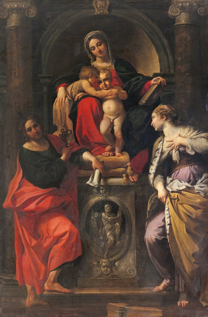 Jomfruen med barnet med helgenerne Johannes Døperen, Johannes Evangelisten og St. Katarina - Annibale Carracci