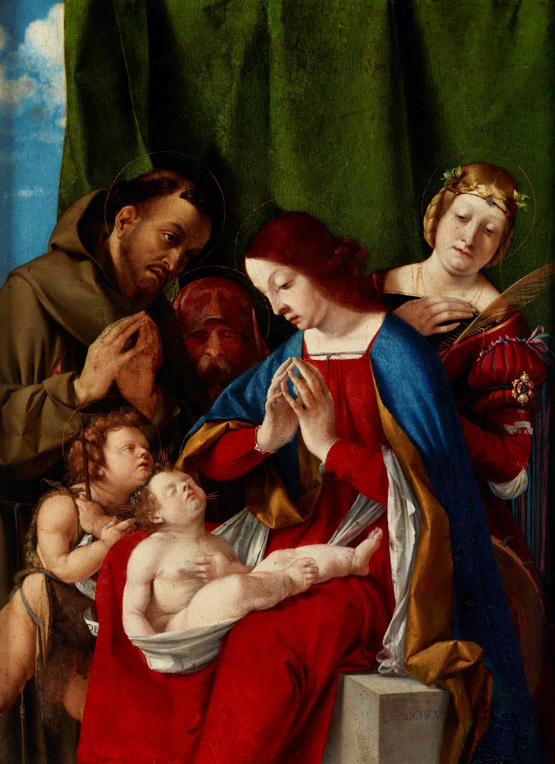 Jomfruen med barnet med helgenerne Johannes Døperen, Frans av Assisi, Josef (?) og Katarina av Alexandria - Lorenzo Lotto