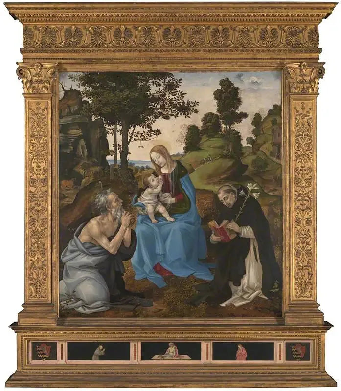 Jomfruen med barnet med helgenerne Hieronymus og Dominikus - Filippino Lippi