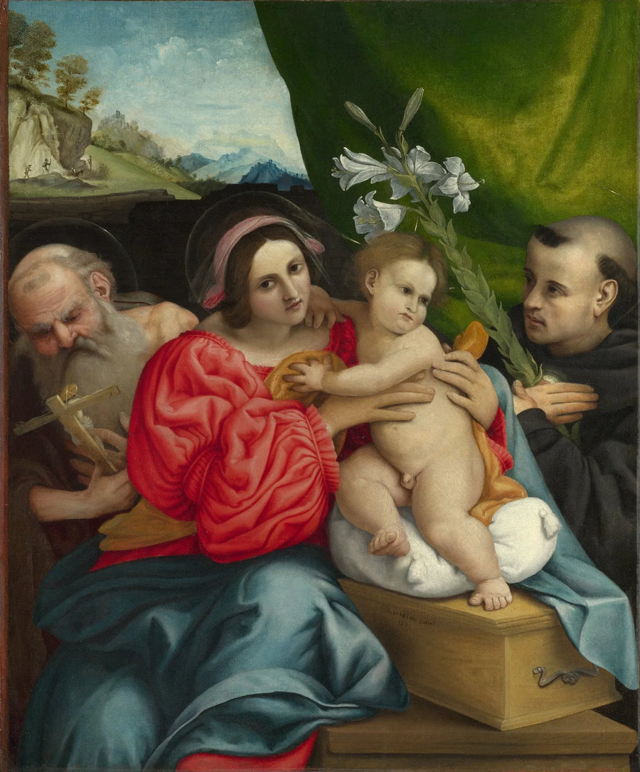 Jomfruen med barnet med helgenerne Hieronymus og Nikolaus av Tolentino - Lorenzo Lotto